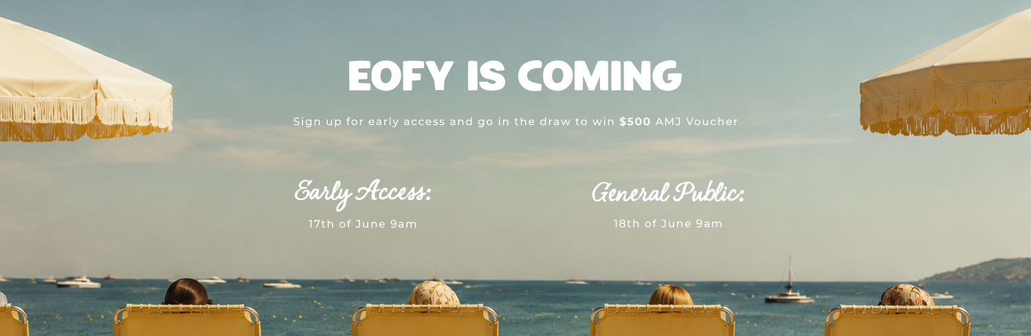 Promotional image with chairs by the ocean, text about EOFY (End of Financial Year) event, and a call to action.
