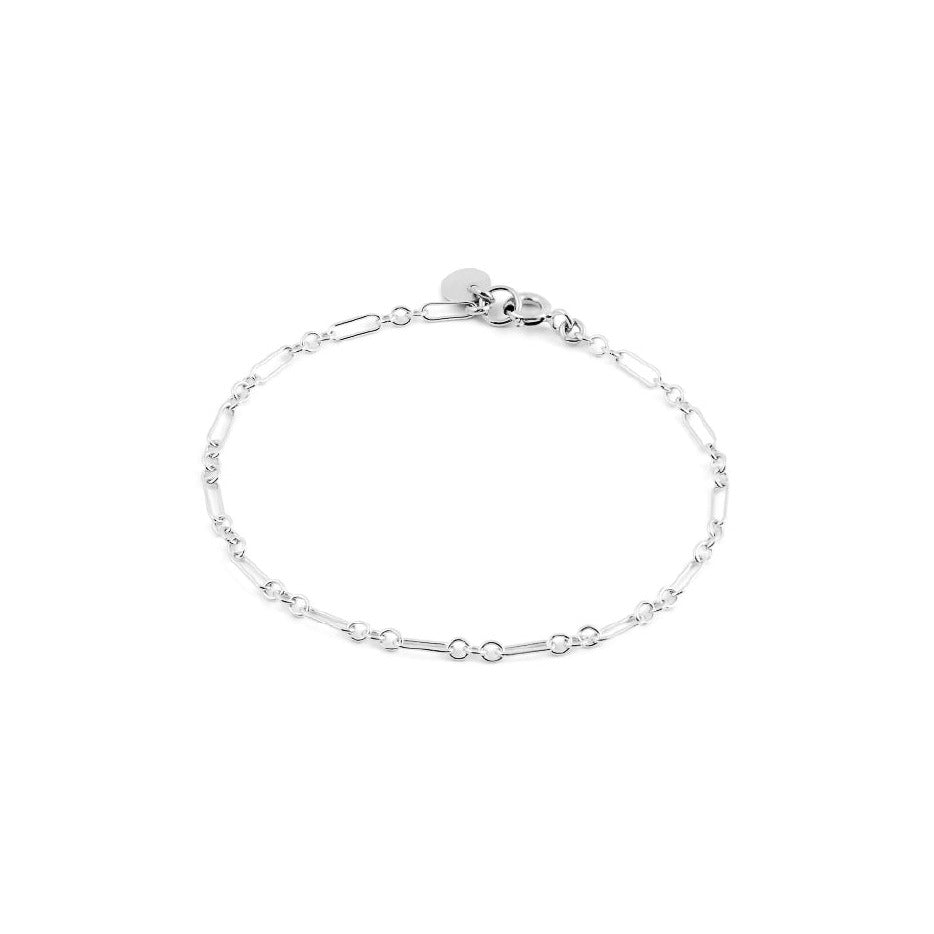 A silver bracelet with link chain detailing and a clasp fastening.
